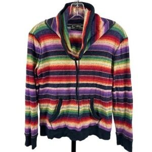 L-RL Ralph Lauren Womens Medium Striped Cowl Neck Hoodie Pullover Sweatshirt Top